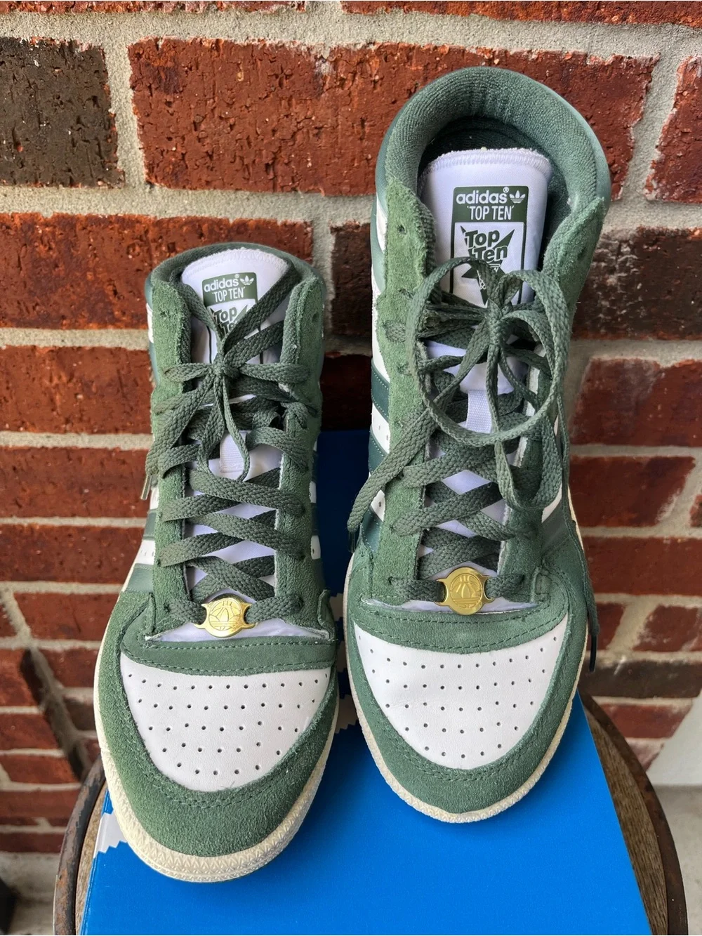 adidas Top Ten High-Top Sneakers in Green and White with Gold Dubrae